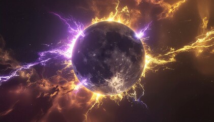 A celestial body, possibly a planet or moon, crackles with vibrant purple and yellow lightning and energy, set against a dramatic, cloudy cosmic backdrop.