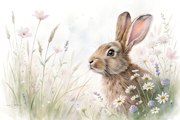 Fototapeta premium Rabbit in a Field of Wildflowers Watercolor Painting 