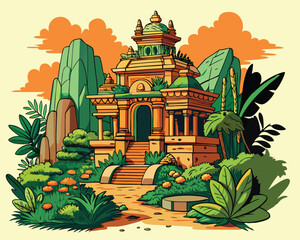 Intricate mughal inspired jungle ruins with ancient architecture and lush vegetation © SHAHNAZ