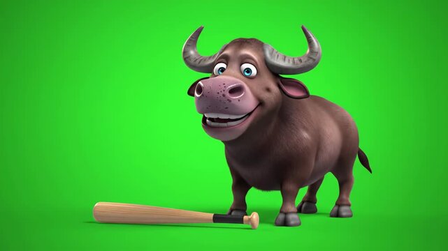 Cartoon buffalo with a baseball bat on a green background.