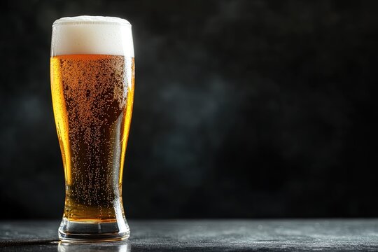 Refreshing golden beer in tall glass with foam on dark background, ideal for bar menu design, brewery promotion, and festive celebration marketing visuals
