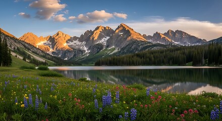 Majestic mountain range reflected in serene lake at sunset, vibrant wildflowers in foreground.