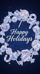 A festive happy holidays greeting card featuring a wreath of iridescent candy on a dark blue background with sparkling lights and elegant script