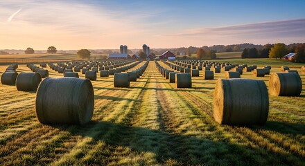Obraz premium Golden Hour Glow on a Field of Hay Bales in the Countryside.