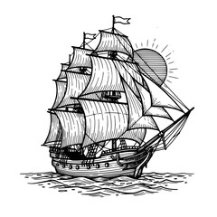 Old sailing ship with big sails outline illustration