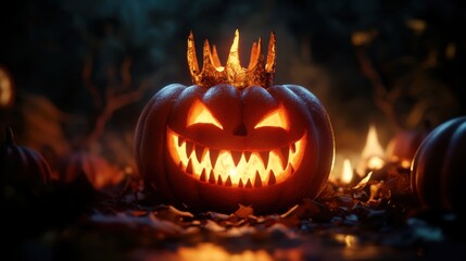 Illuminated Carved Pumpkin with Golden Crown on Autumn Leaves at Night