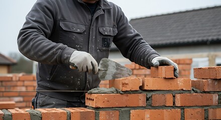 Bricklayer industrial worker installing brick masonry on exterior wall with trowel putty knife