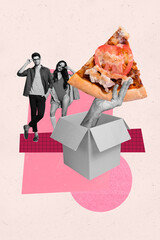 Vertical 3d art pop image collage of happy girl guy stand pizza box delivery service italian cafe order hand junk food nutrition