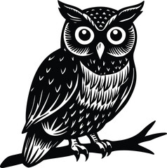 Halloween silhouettes black icon and character illustration of an owl perched on a branch, showcasing its distinctive features such as large eyes, sharp beak, and detailed feathers