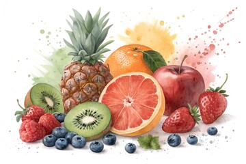 Assortment of Fresh Fruits with Watercolor Splashes on White pineapple apple