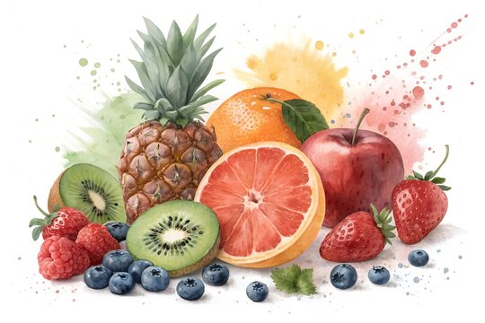 Assortment of Fresh Fruits with Watercolor Splashes on White pineapple apple - Powered by Adobe