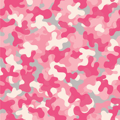 Seamless pink camouflage pattern with abstract organic shapes in pink, white, and gray tones. Ideal for fashion, textiles, military-inspired designs, and decorative projects.