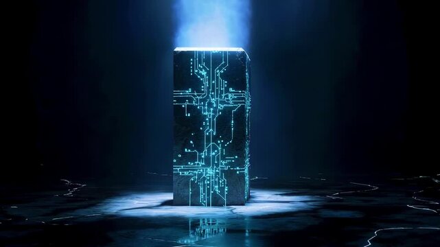 Futuristic glowing circuit-covered monolith emitting mist in a dark, high-tech environment