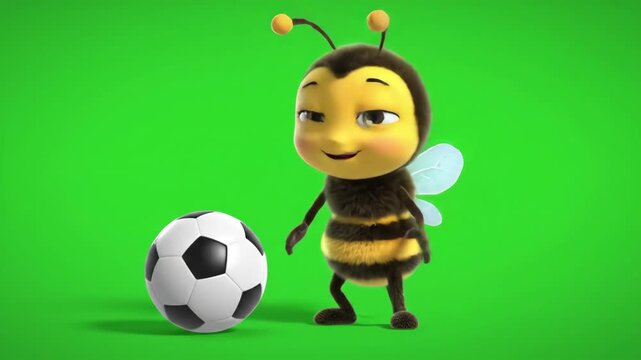 Cartoon bee character stands next to a soccer ball against a green background, smiling.