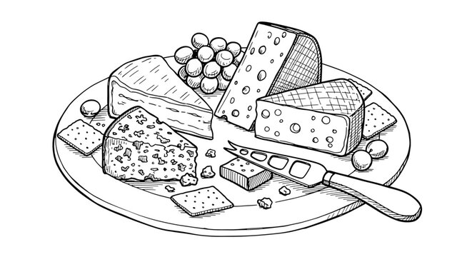 Artistic cheese board sketch illustration with grapes and crackers