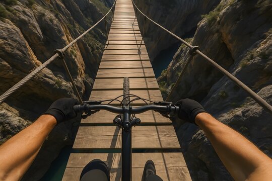 Fototapeta Mountain Biking on a Rope Bridge