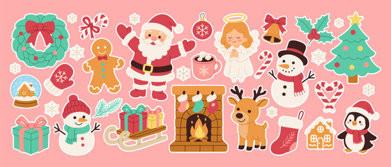 A collection of Christmas-themed stickers featuring Santa Claus, reindeer, snowmen, gingerbread men, and other festive characters