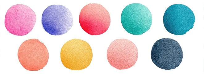 Nine vibrant, hand-painted circles in a spectrum of soft, pastel colors.  Each circle displays a subtle ombre effect, transitioning smoothly from light to dark within the hue