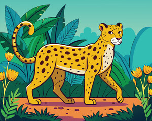 Elegant line art illustration of a royal cheetah walking gracefully through a lush jungle environment