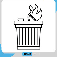 Burning Trash Can Flaming Trash Bin with Cup Crisis Line Icon 