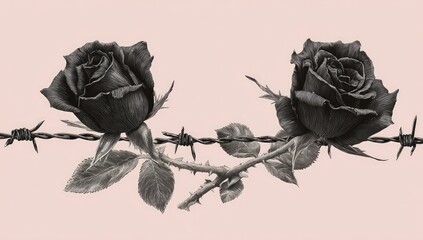Two dark roses entwined by barbed wire on a pale pink background.  Detailed illustration,  emphasizing texture and form