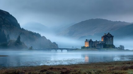 Eilean Donan Castle in Scotland - A Misty Landscape.