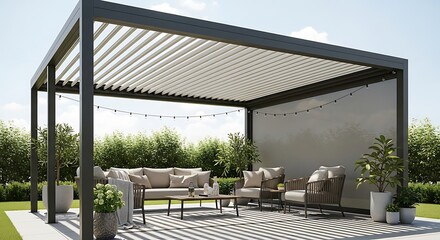 Obraz premium Modern Aluminum Pergola with Louvered Roof and Patio Furniture.