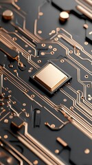 Close-up of a metallic computer chip on a dark electronic circuit board with glowing copper lines and circular connectors.