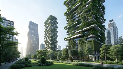 futuristic eco city exterior with skyscrapers cove