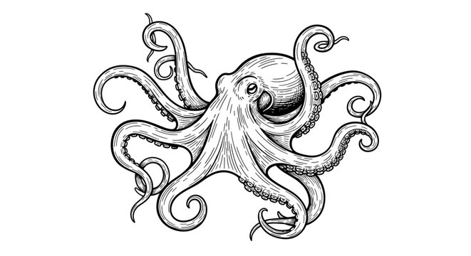 Striking black and white octopus illustration with intricate details.