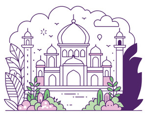 Intricate mughal inspired jungle scenery outline with lush foliage and architectural elements