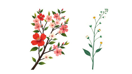 Elegant watercolor illustration of a blooming branch with vibrant red, pink, and white spring flowers and lush green foliage.
