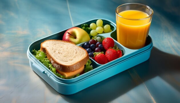 healthy and nutritious lunch box featuring a sandwich fresh fruit and juice perfect for back to school meals