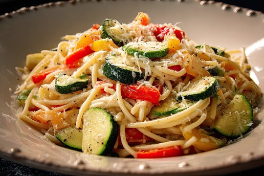 Pasta primavera with al dente noodles, zucchini, bell peppers, and parmesan cheese on a bright plate, colorful ingredients