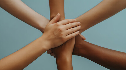 Multiple hands of diverse skin tones stacked together in unity against a light blue background