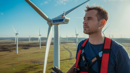 A male wind turbine technician wearing a safety harness stands in front of a large wind turbine on a sunny day.