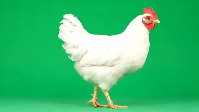 White Chicken Standing On Green Screen Background Full Body