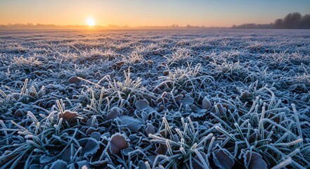 Golden sunrise over a vast field covered in morning frost.