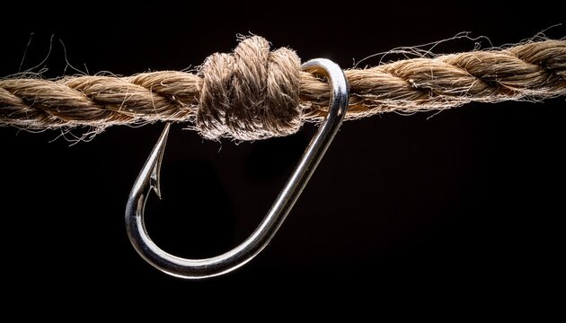 close up detailed view of a single sharp fishing hook hanging from a twisted rope against black