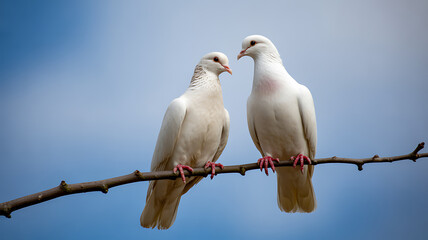 Two white doves perched on a branch against a clear blue sky