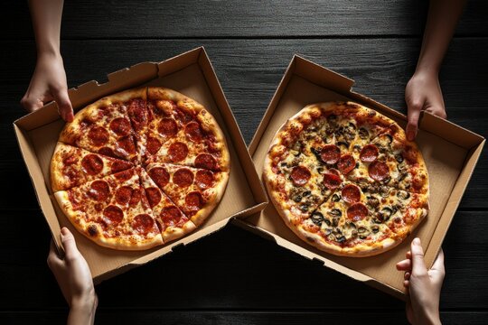 Two Round Pizzas in Open Boxes Held Over Dark Wooden Surface
