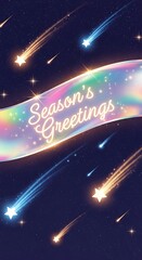 Seasons greetings message on a rainbow banner with shooting stars and glowing trails against a dark blue starry night sky backdrop