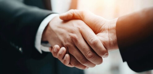 Obraz premium A close-up of two business people shaking hands, symbolizing agreement and partnership. This represents teamwork and collaboration.
