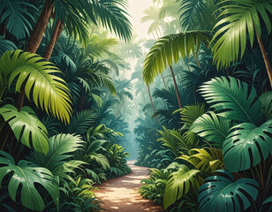 Exotic gateway, path between palm bushes - jungle