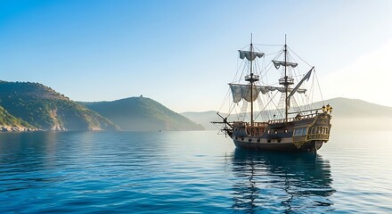 Obraz premium Majestic galleon sails the tranquil blue waters during the serene morning hours