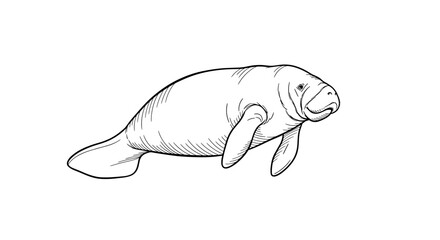 Manatee Illustration: Detailed Monochrome Drawing Against White Background