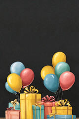 Colorful balloons and gift boxes arranged for a festive celebration on a dark background