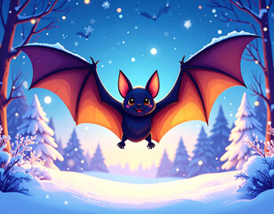 Cartoon bat flying in a snowy landscape, illustration. AI