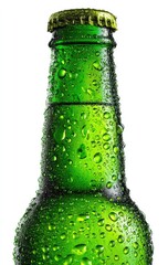 Close-up of a cold, green glass beer bottle with condensation