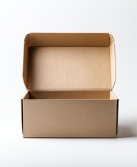 Empty light brown cardboard box, open